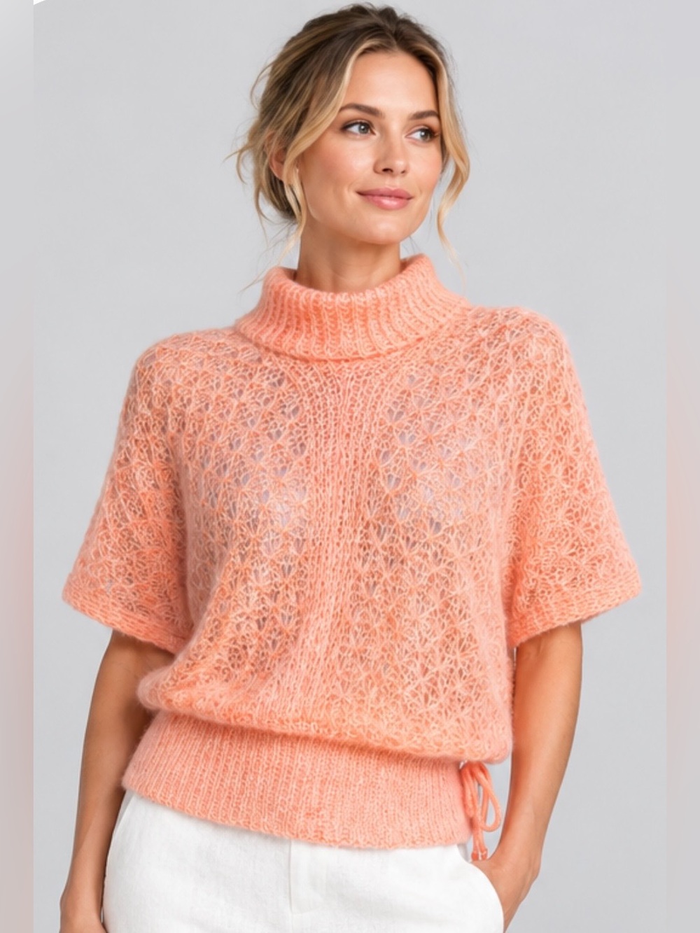 Vintage 1970s Elwin Peach Knit Open Lattice Knit Short-Sleeve Sweater S Japan